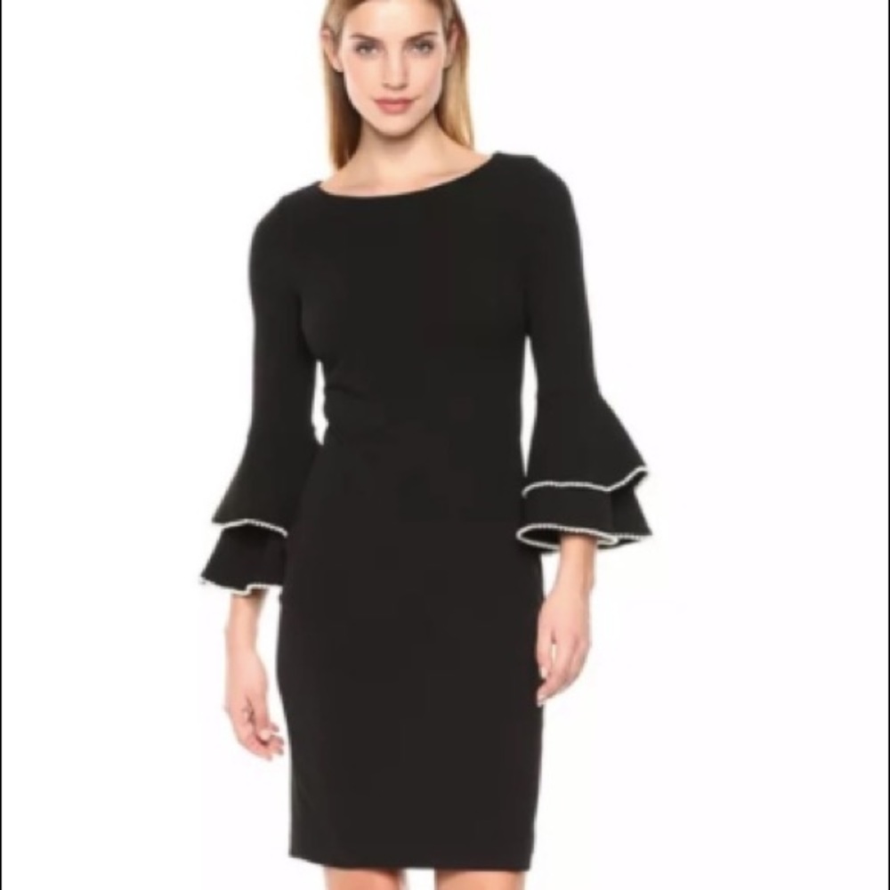 Calvin Klein Pearly-Trim Bell-Sleeve Dress (Black-size 4)